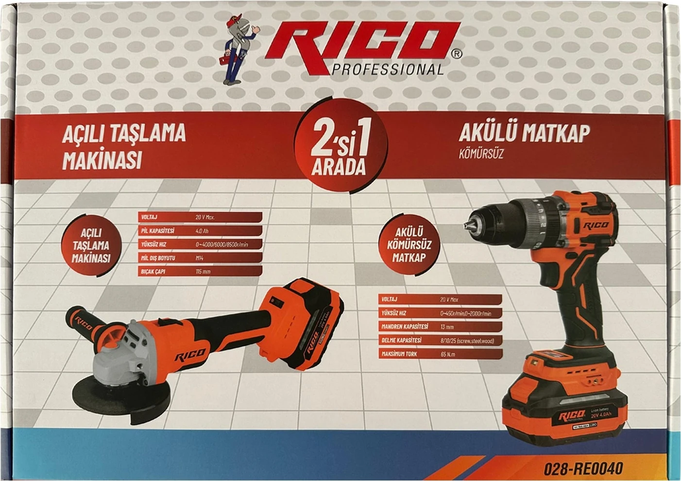 028-RE0040 Şarjlı Darbeli Matkap ve Şarjlı Avuç Içi Taşlama Seti 4AH 20V