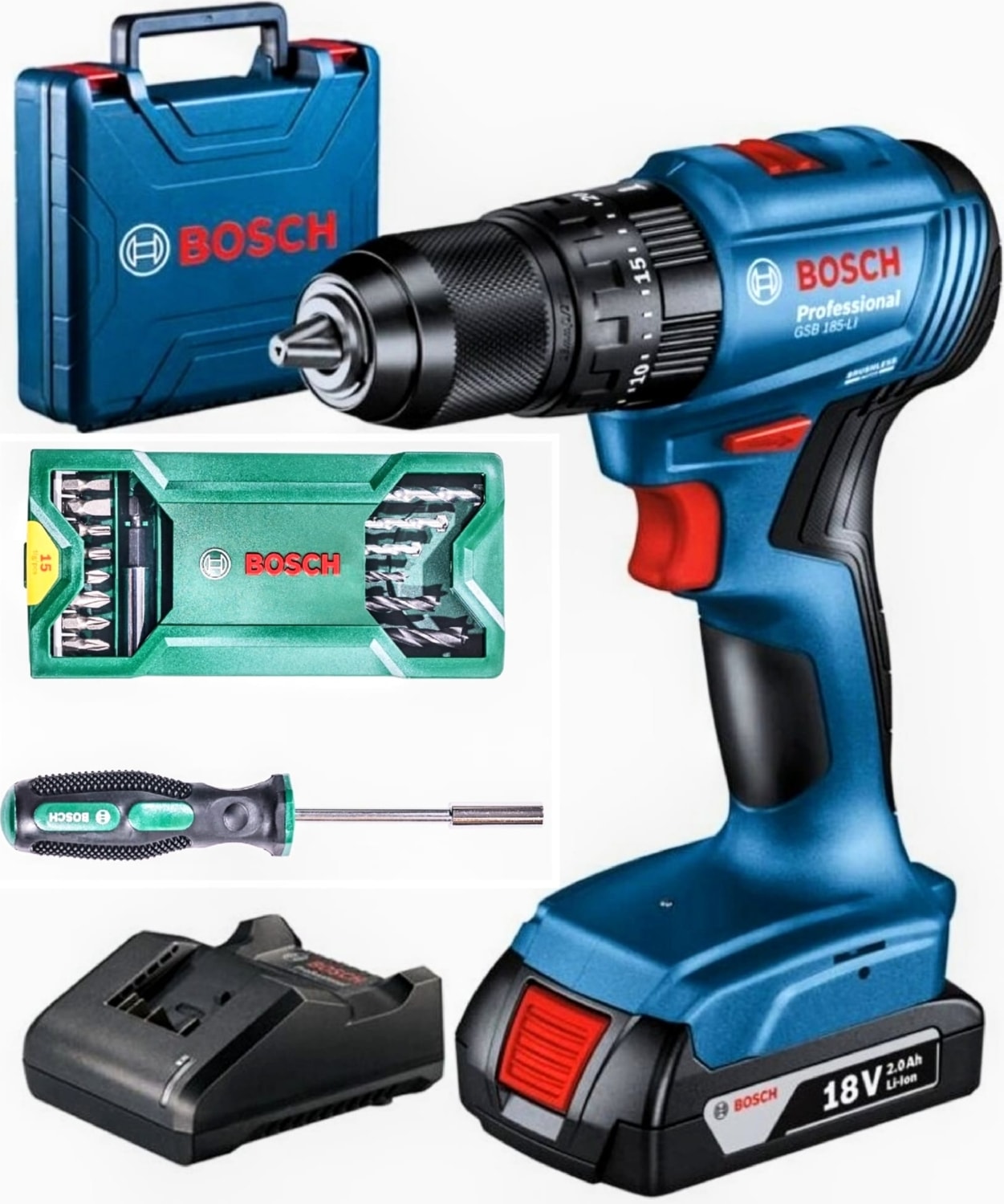 BOSCH Gsb 185 Li-On Tek Akülü - Darbeli Kömürsüz Matkap Vidalama +  16 Parça Uç Seti