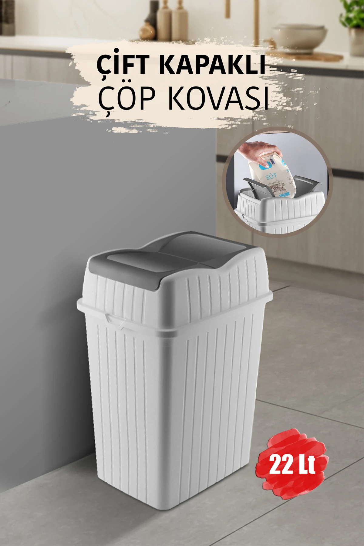 22 L - Çift Kapaklı Slim Çöp Kovası - Dekoratif Ev Ofis Banyo Mutfak Düzenleyici Çöp Kutusu Beyaz