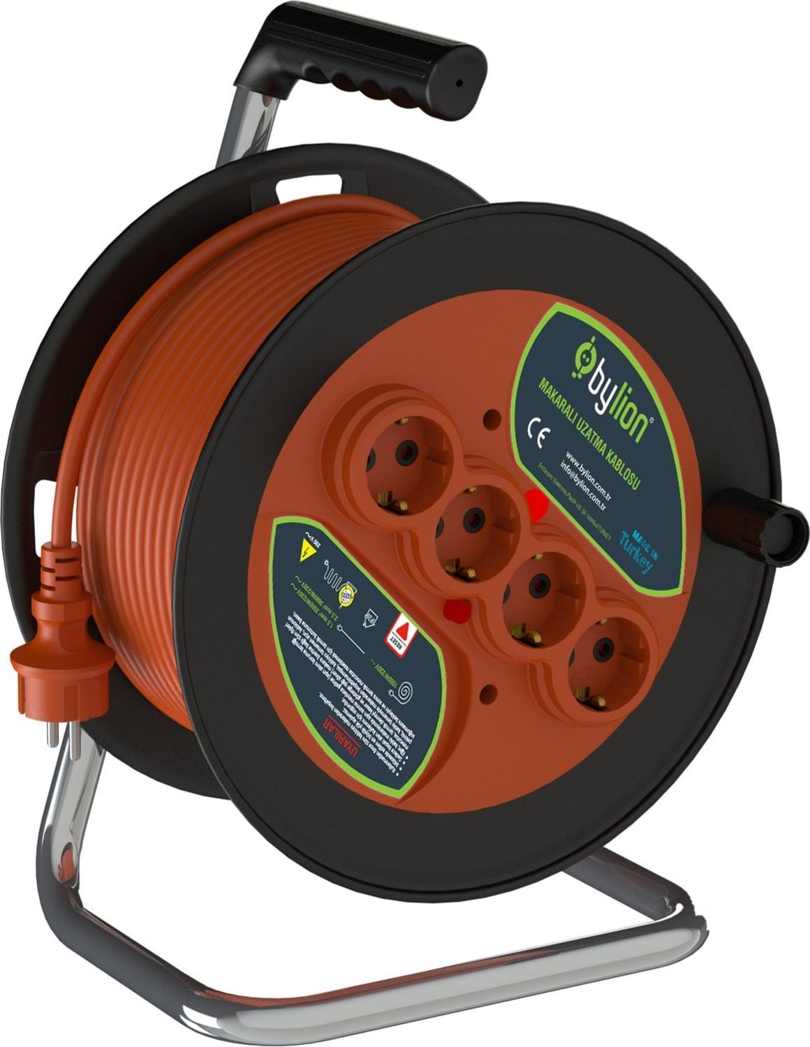 Bylıon Makaralı Uzatma Kablosu 3*1.5mm² 20 Mt. Turuncu Kablo - Işıklı