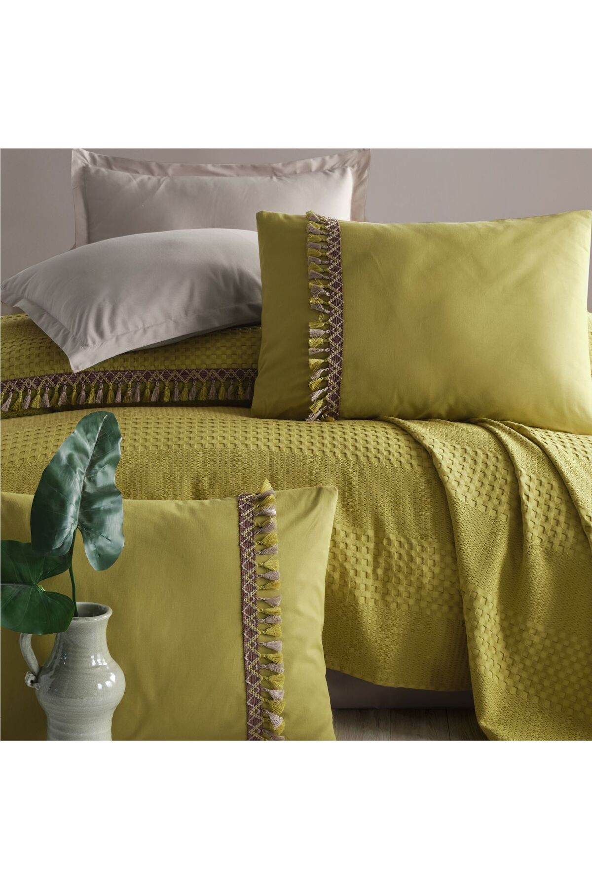 %100 Pamuk Butik Çift Kişilik Püsküllü Pike Takımı Bohamline V4 Yeşil