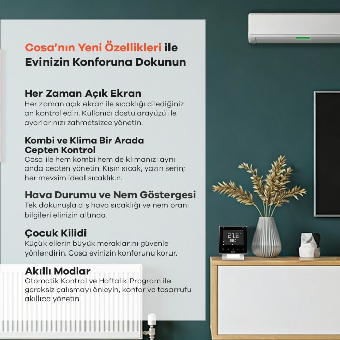 Akıllı Oda Termostatı Kablosuz Kombi ve Klima Kontrolü V5