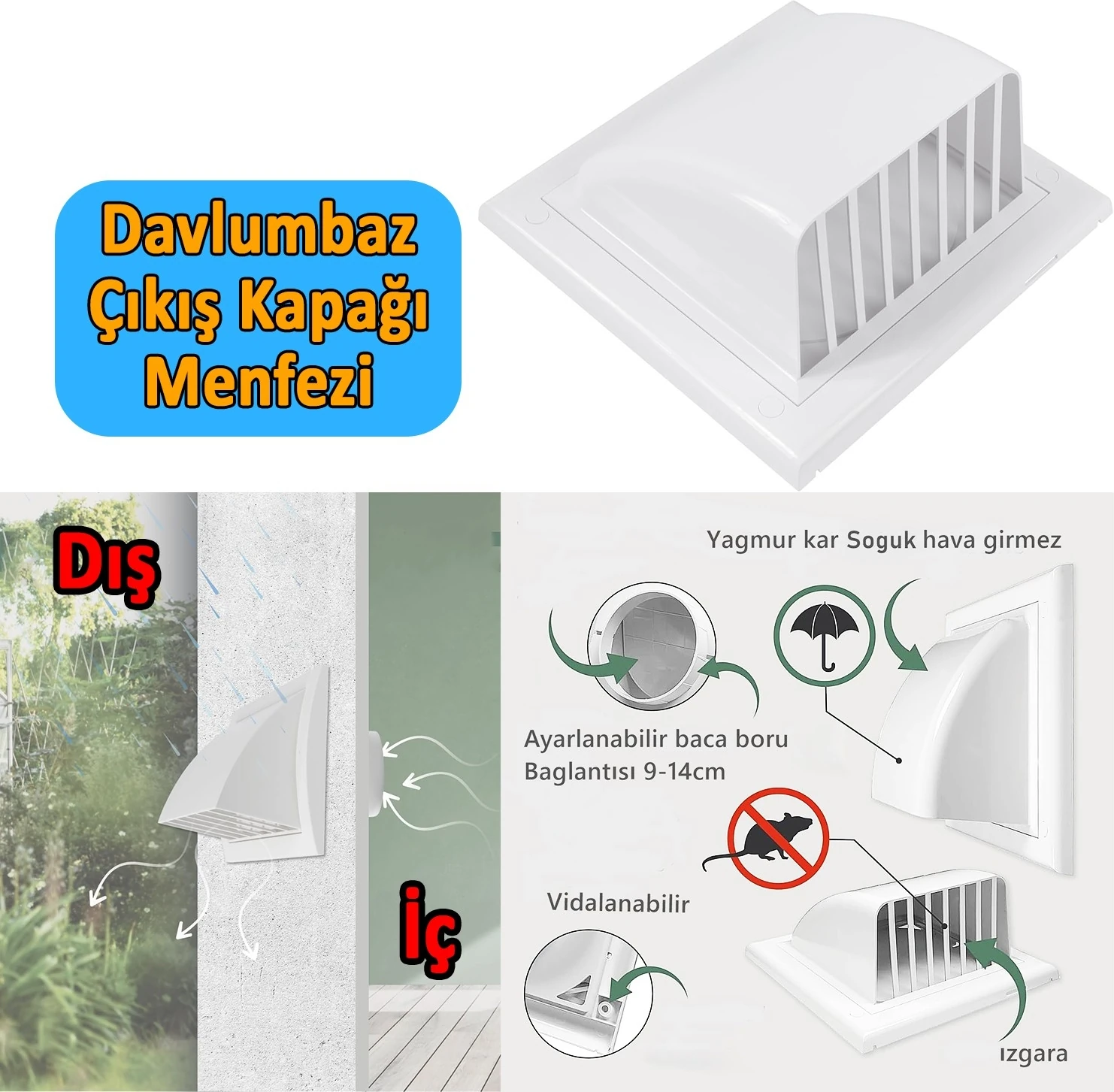 Davlumbaz Çıkış Kapak Havalandırma Çekvalf Başlığı Haşere Önleyici Tek Yönlü Hava Çekimi Menfezi