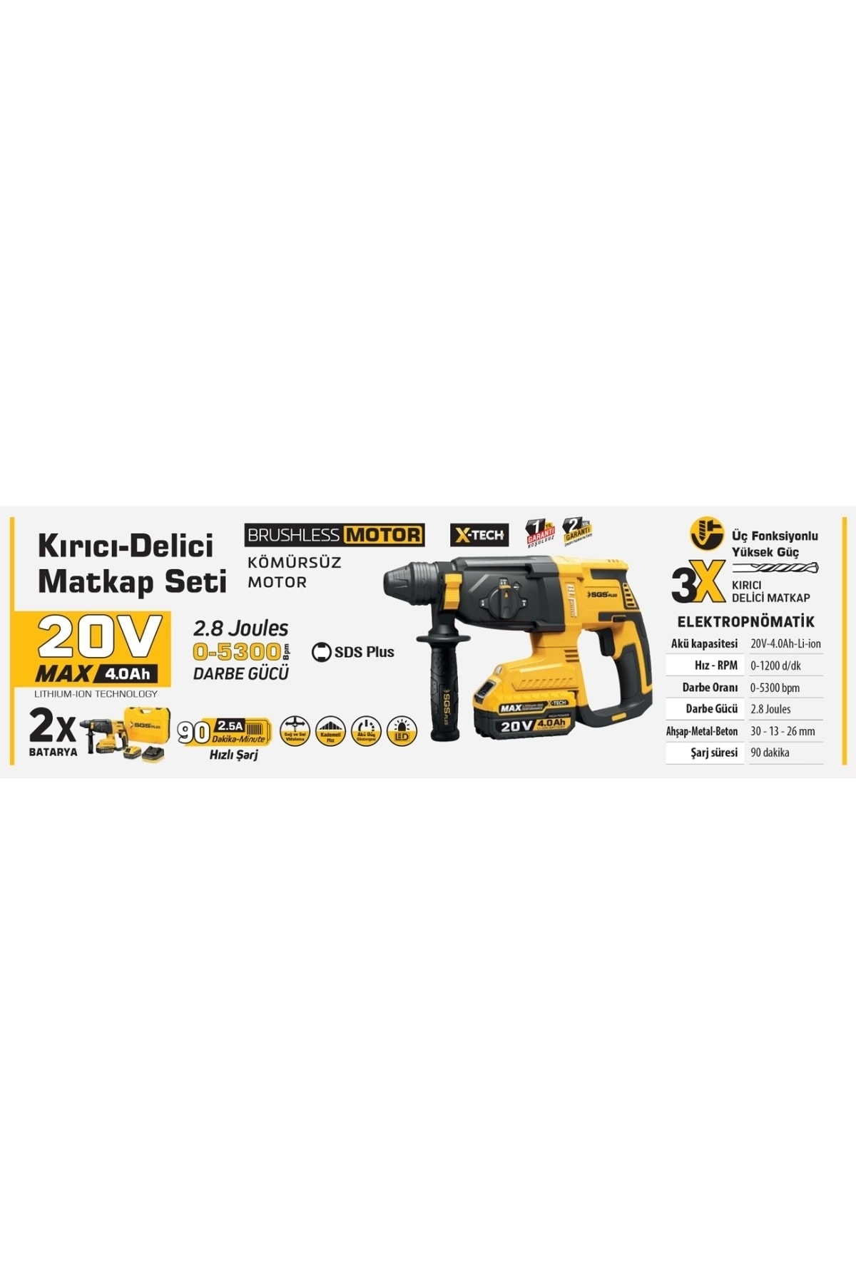 SGS 5521 Şarjlı Kırıcı Delici Matkap Seti 20 Volt 4 Ah Kömürsüz Motor