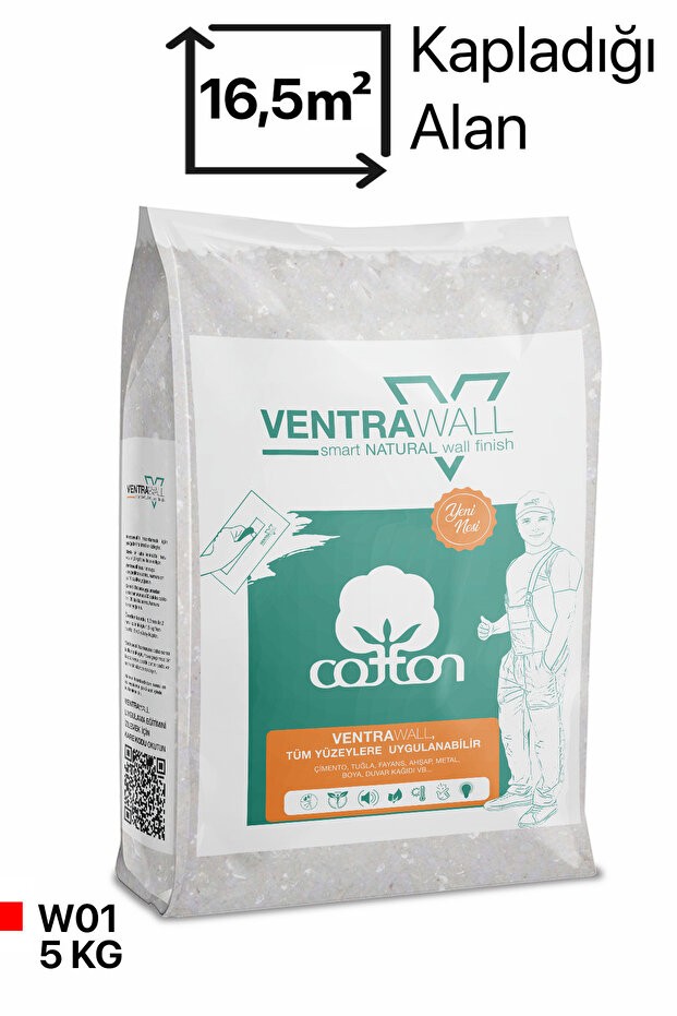 Ipek Sıva | Canlı Sıva | Isı Ve Ses Yalıtımlı Sıva | %100 Pamuk | Beyaz| W01-5 Kg |16,5m²