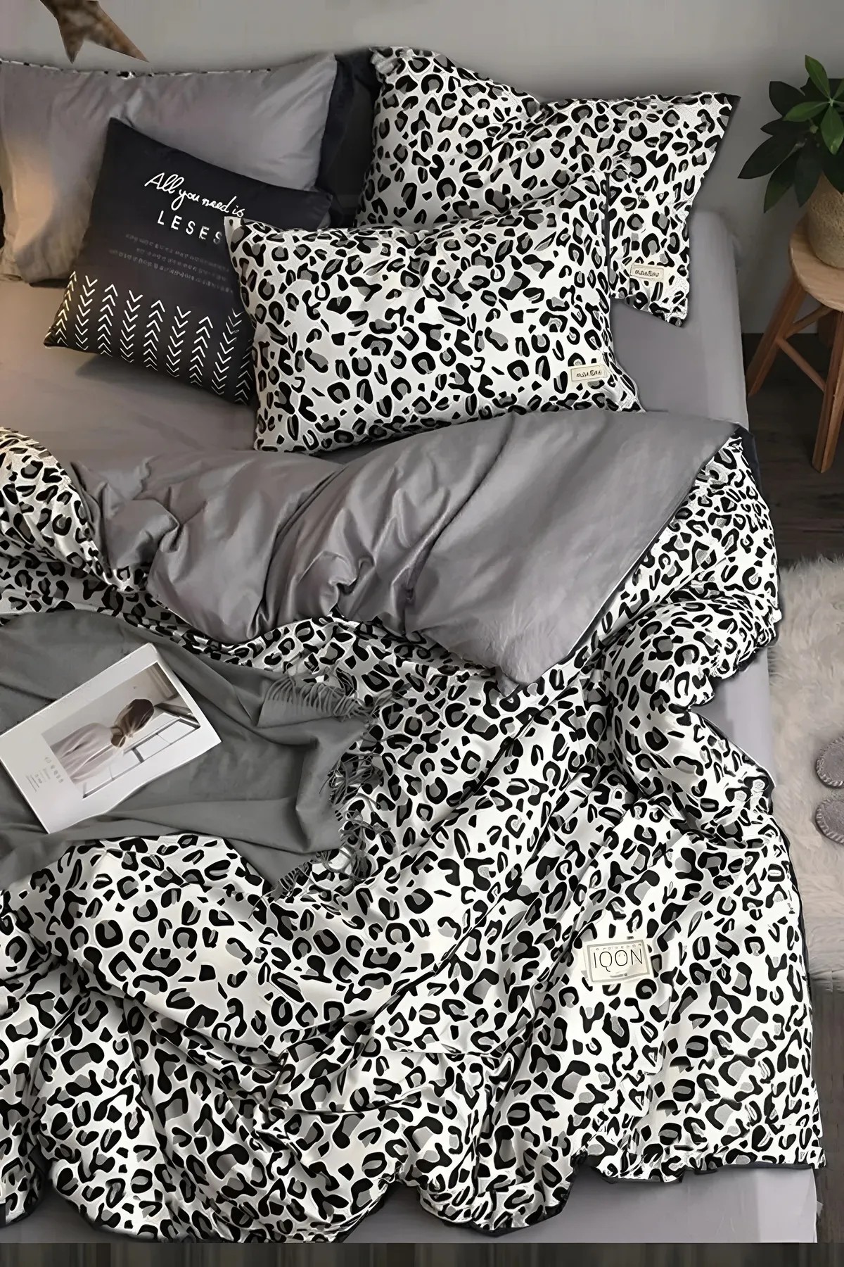 Lastikli Çarşaflı Nevresim Takımı Çift Kişilik Leopar Premium Cotton 64s