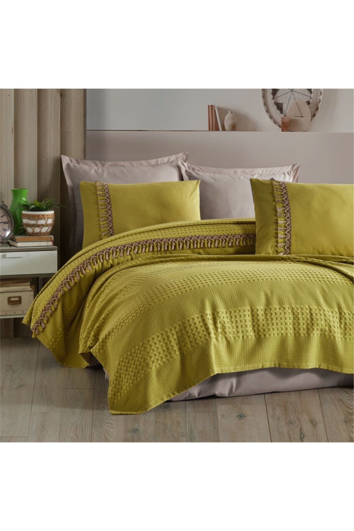 %100 Pamuk Butik Çift Kişilik Püsküllü Pike Takımı Bohamline V4 Yeşil