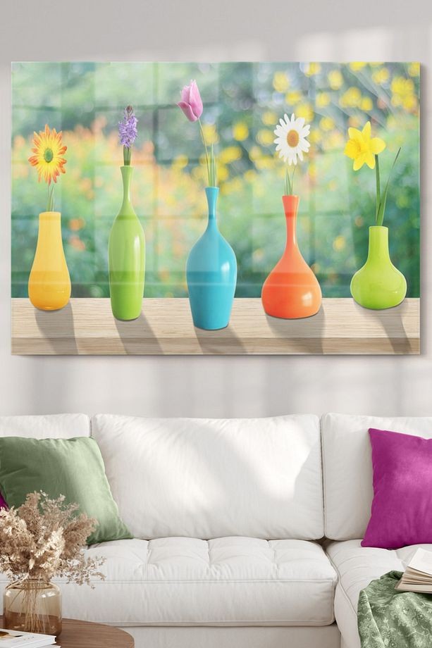 Renkli Çiçekler Ve Vazolar|doğa Temalı Cam Tablo | 50x70 Cm