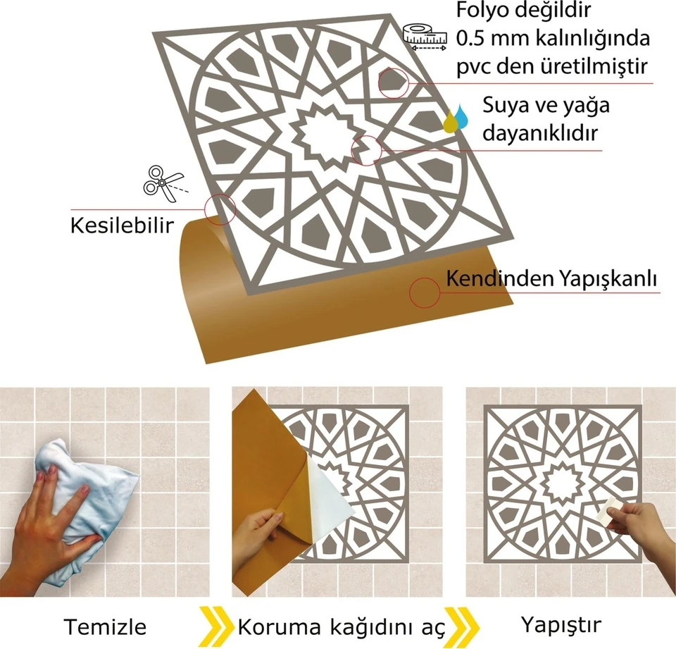 Kendinden Yapışkanlı Selçuklu Geometrik Desenli Pvc Karo 30 x 30 cm (33 Adet) 3 M²