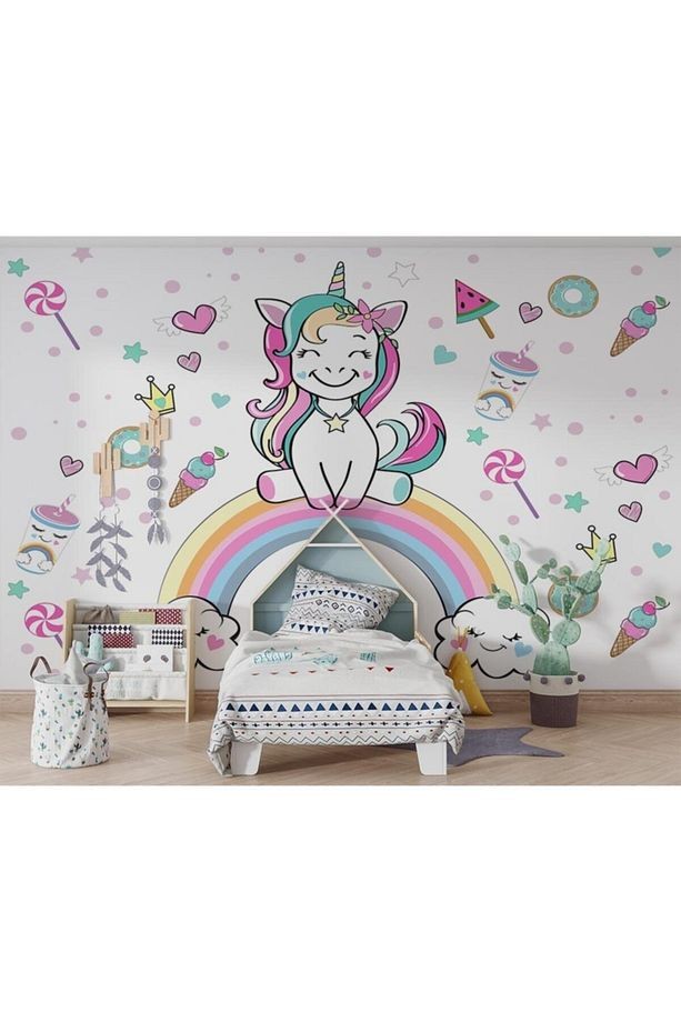Unicorn Gökkuşağı Çocuk Odası Duvar Kağıdı