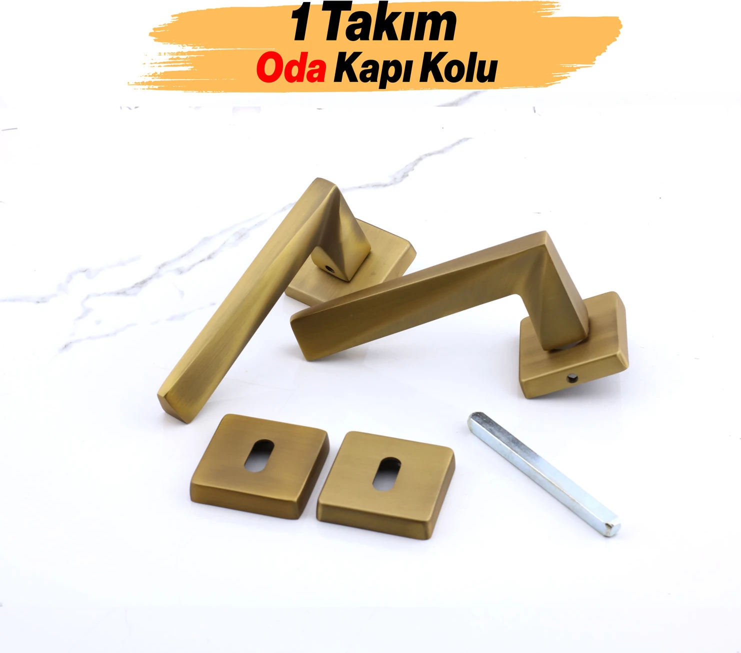 Oda Kapı Kolu Kare Rozetli Antik Sarı Sürgülü ve Çelik Kapı Kulpu Uyumlu Sağ Sol Uygun Kolları