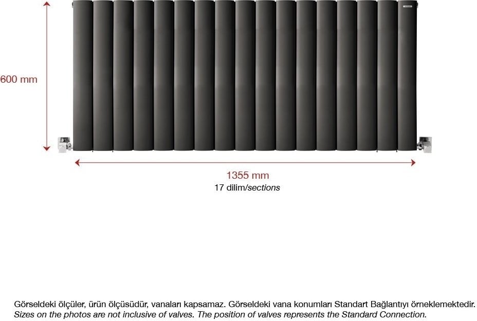 600 x 1355 mm Lilac Yatay Antrasit Alüminyum Radyatör Standart Bağlantı