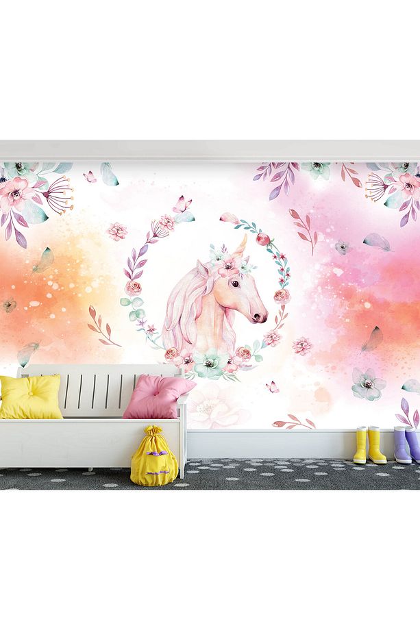 Renkli Çiçekler Arasında Unicorn , Boynuzlu At Kendinden Yapışkanlı Duvar Folyosu