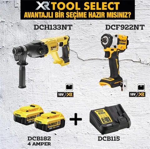 DEWALT DCH133NT Kırıcı Delici 2.6J+DCF922NT Somun Sıkma ( 406 Nm )+2X4AH Akü+Şarj Cihazı