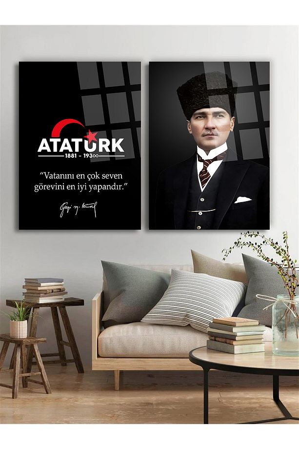 2 PARÇA ATATÜRK MAKAM ODASI CAM TABLO "Vatanını En Çok Seven Görevini En İyi Yapandır." Ofis Hediye