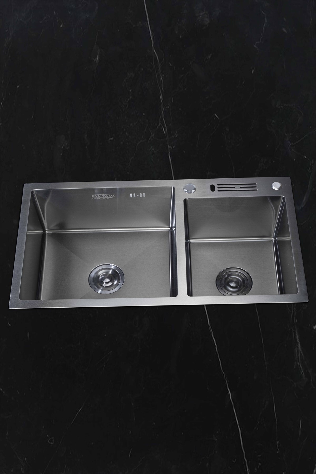 Sun Serisi %100 Krom 82x45 Siyah İki Göz Bıçak Yuvalı Paslanmaz Mutfak Eviyesi, Mutfak Lavabosu