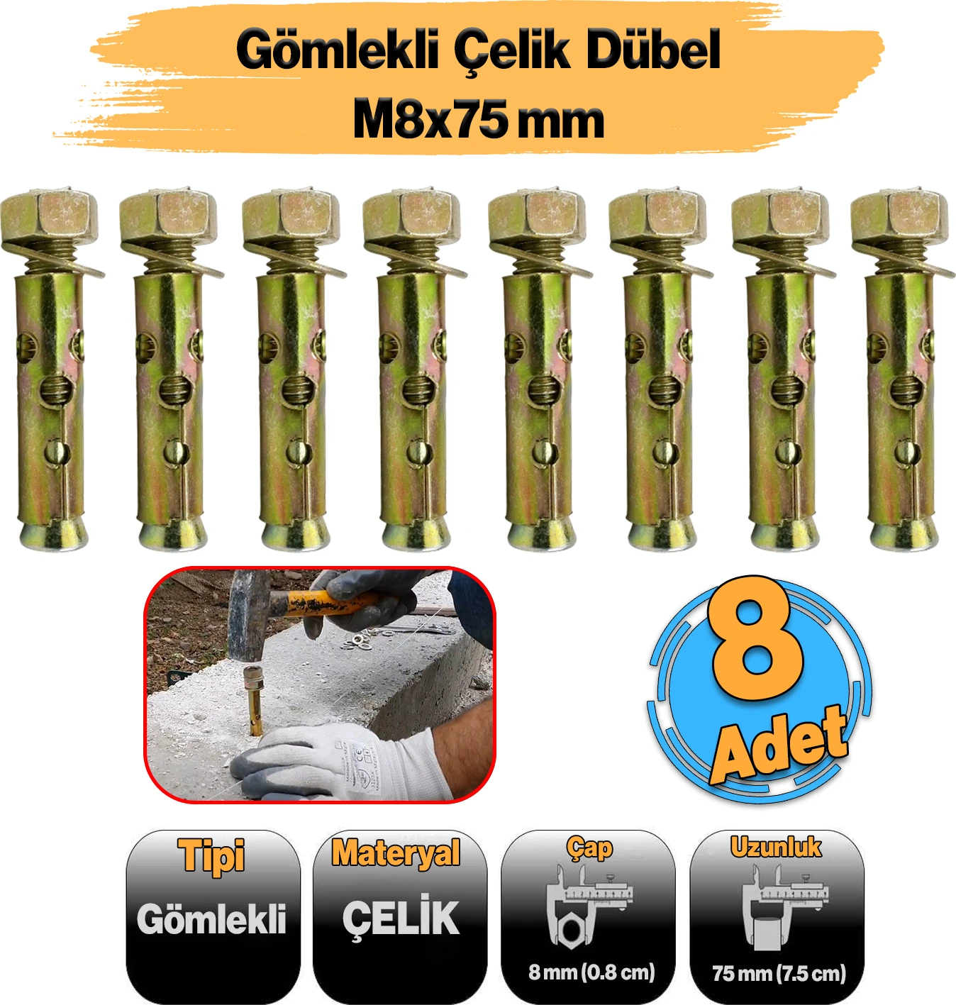Gömlekli Çelik Dübel M8X75 Saplamalı (8 Adet) mm Raf Montaj Bağlantı Zemin Monte Tavan Asma Aparat