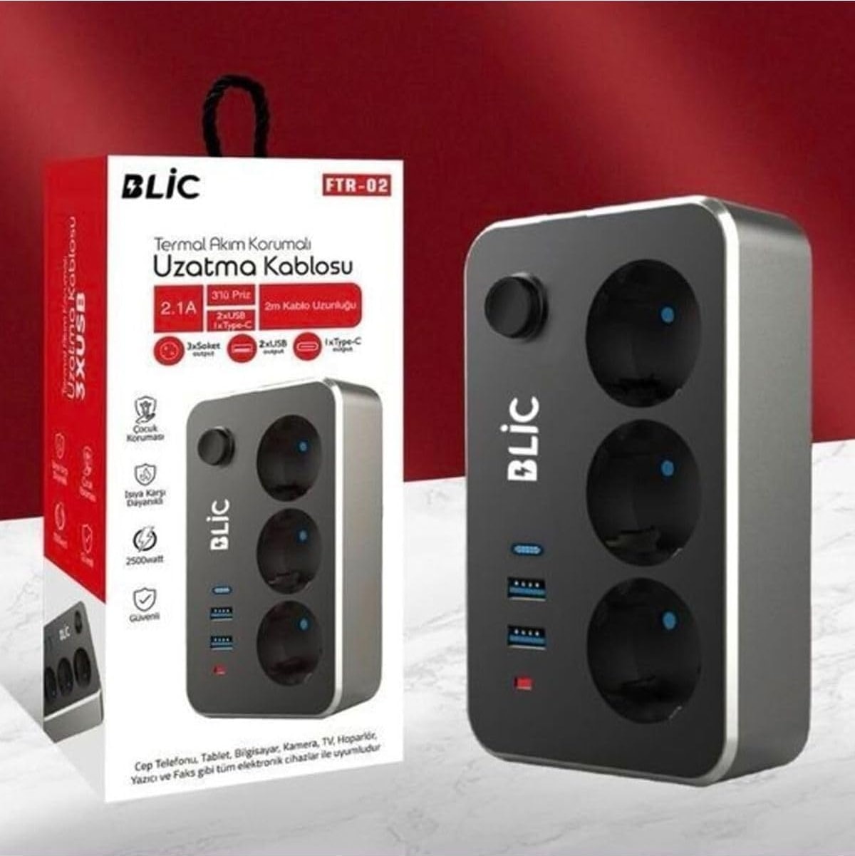 Akım Korumalı 3'lü Priz ve USB Şarj Istasyonu 2 Usb, 1 Type-C