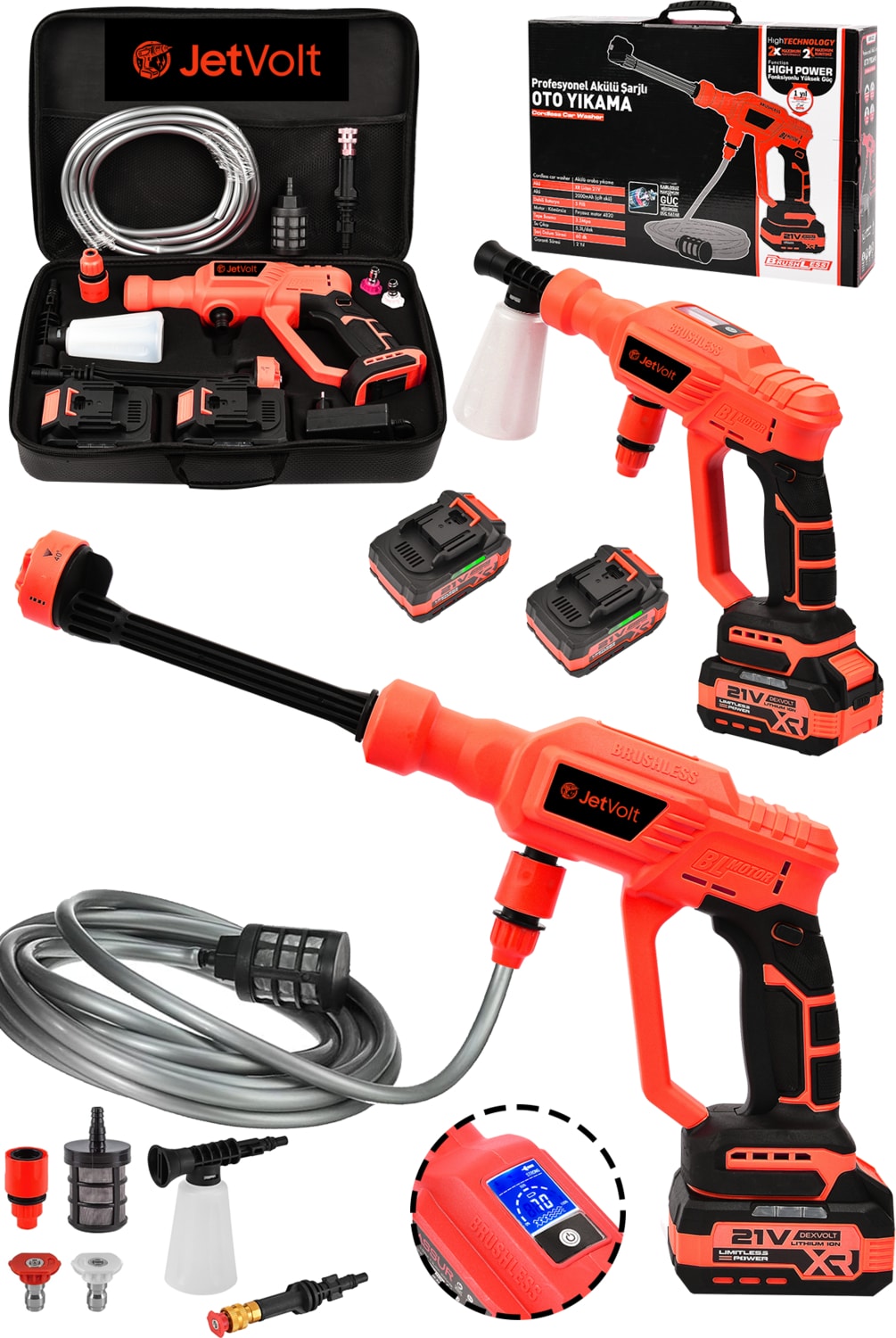 21V 2.0AH Kömürsüz Motor Yüksek Basınçlı Akülü Oto Araba Yıkama Makinesi Şarjlı - Kırmızı