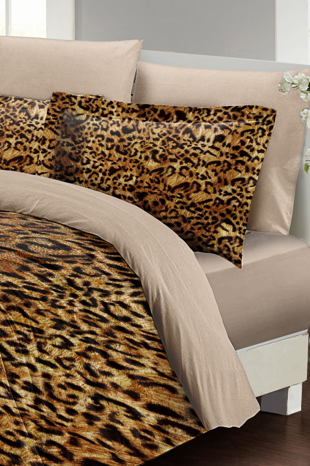 Kıng Sıze %100 Pamuk Saten Çift Kişilik Nevresim Takımı Golden Leopard 220x240cm