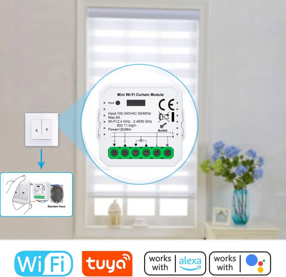 Tuya Uyumlu WiFi Perde Panjur Kepenk Motor Kontrolcüsü - Mobil Uygulama, Anahtar Girişli, Otomatik Kalibrasyon, Yüzdesel Kontrol, Google Asistan ,Amazon Alexa, Smart Life Destekli Switch