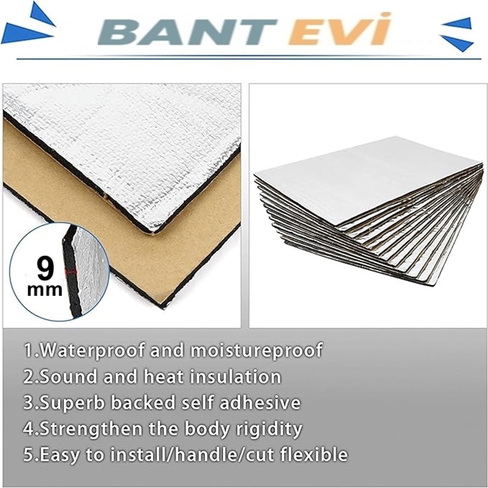 10 Adet 60x30cm Folyolu Oto Ses Isı Yalıtım Pedi Gürültü ve Isı Kalkanı 9mm Et Kalınlığında Kendinden Yapışkanlı