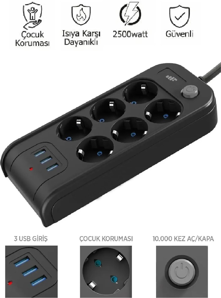 Çoklu 6'lı Priz Akım Korumalı 3xusb 3.4A 2500 Watt 2 Metre Uzatma Kablosu Anahtarlı Çocuk Korumalı