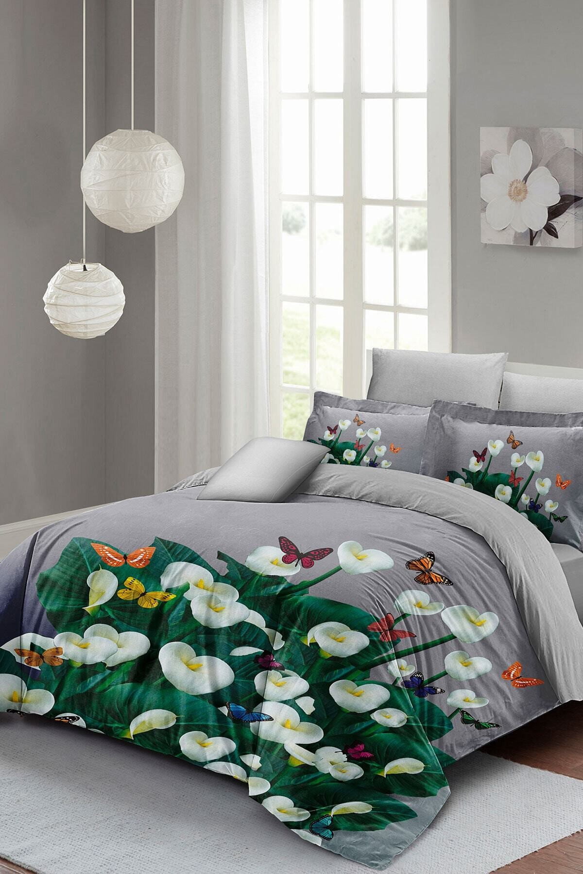 Kıng Sıze Çiçekli Bahar Gri Çift Kişilik Nevresim Takımı 3d Pamuk Saten 220x240cm