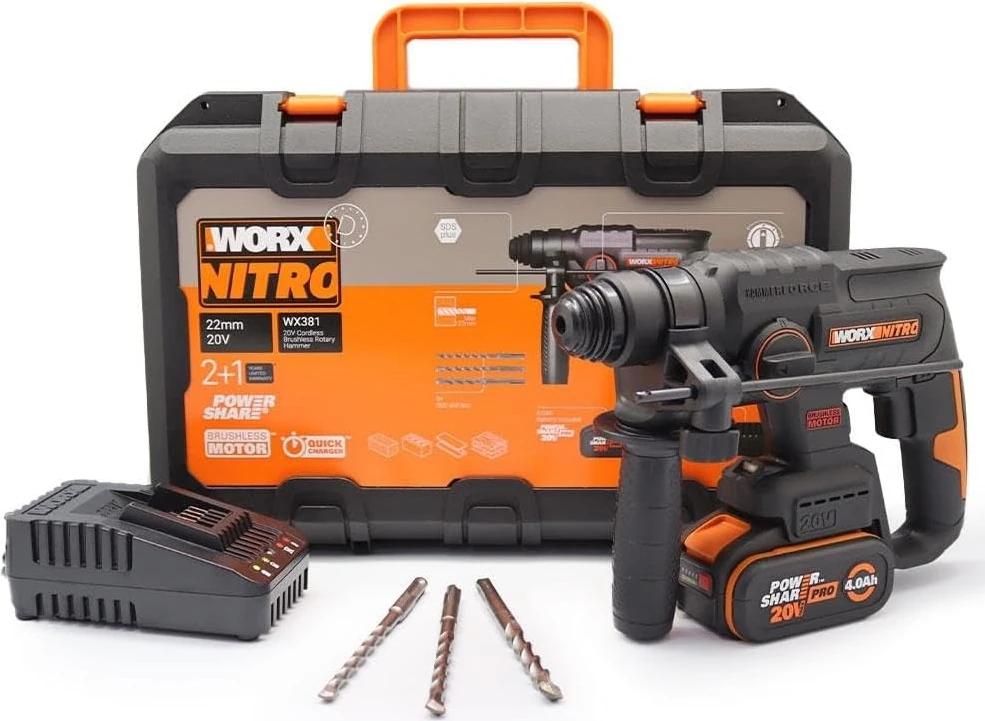 WX381 20VOLT 4.0AH. 2j Li-Ion Tek Akülü Şarjlı Profesyonel Sds- Pnömatik Kırıcı/delici + 3 Parça Delme Ucu