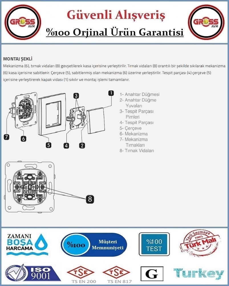 Karre Tekli Anahtar - Çerçeve Dahil - Beyaz - Orjinal Ürün