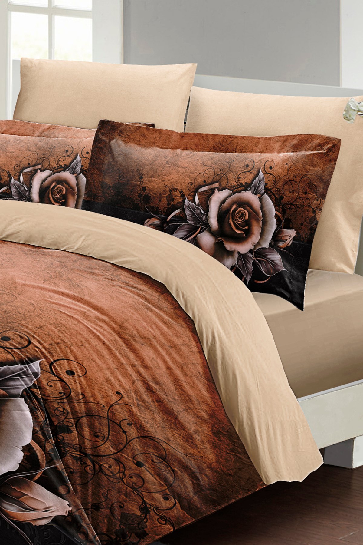 Kıng Sıze Nevresim Takımı %100 Doğal Pamuk Çift Kişilik 3d Digital Copper Rose 220x240cm