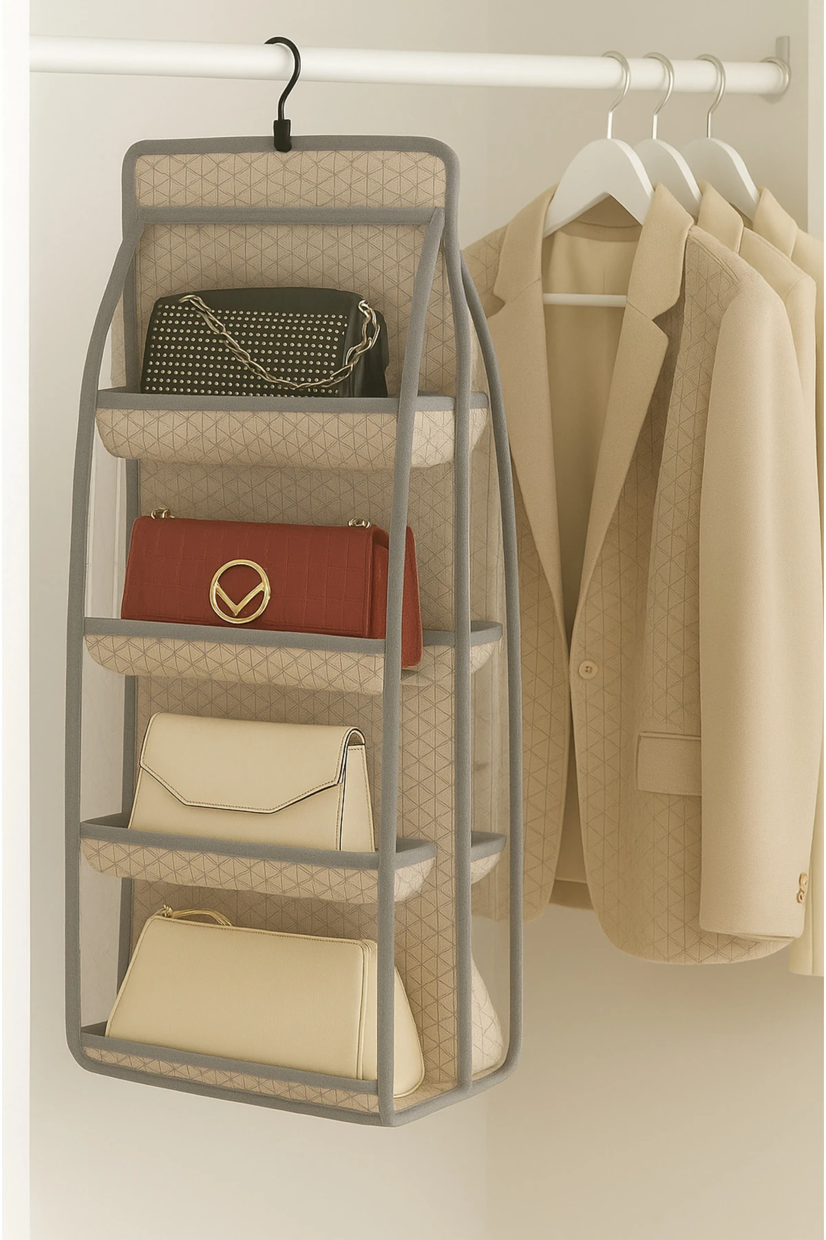 8 Cepli Dolap İçi Düzenleyici Askılı Çanta Saklama Organizeri Bej
