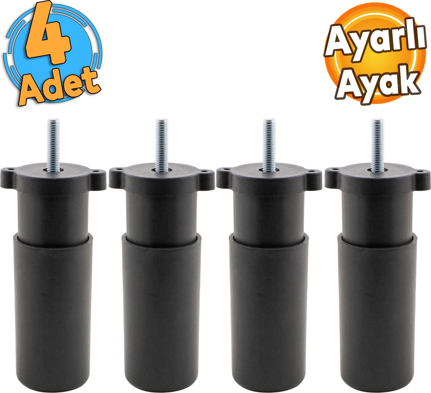 (4 Adet) Ayarlanabilir 9.5 cm Siyah Mobilya Kanepe Baza Koltuk Vidalı Orta Destek Ayağı Ayakları