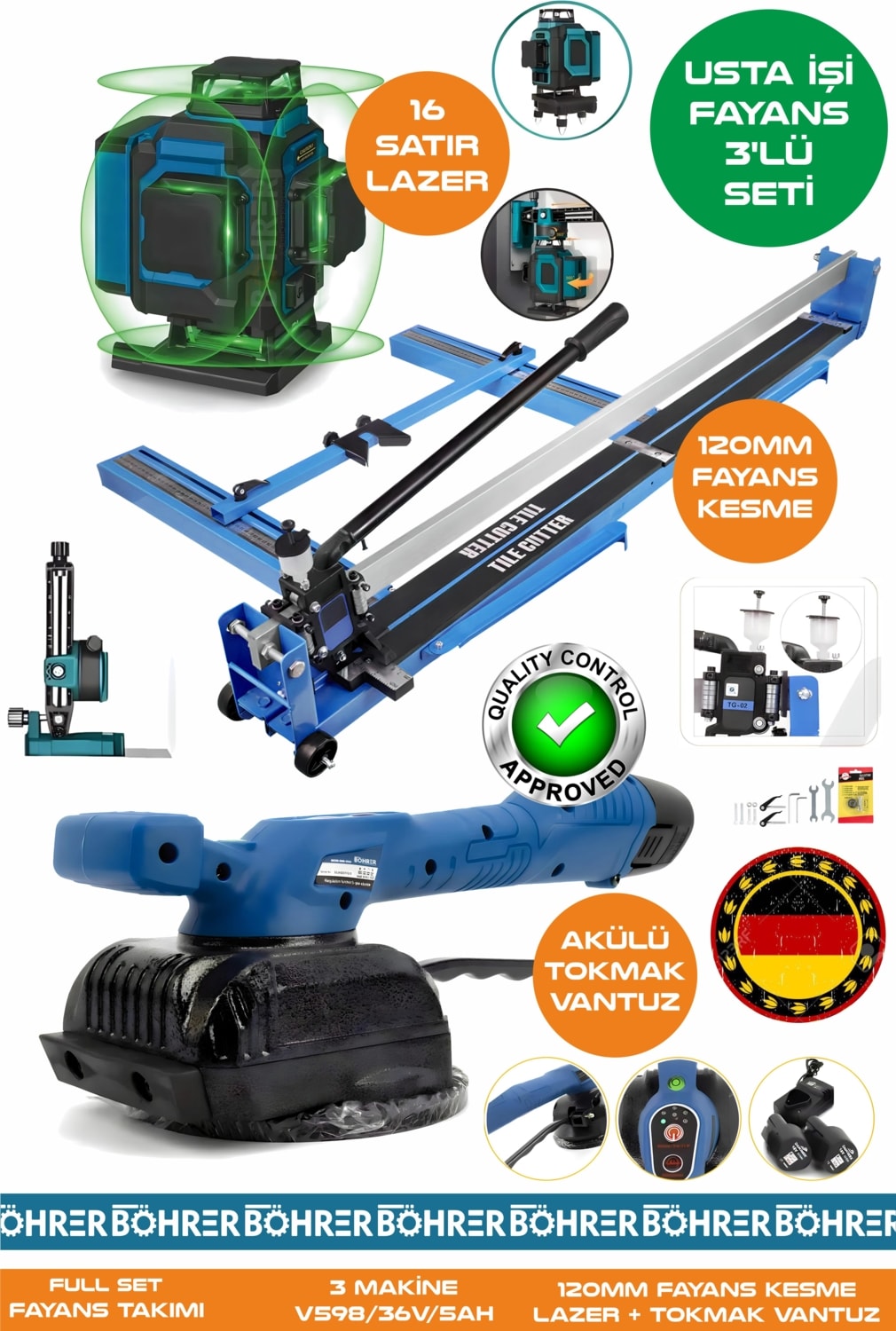 Alman Pro BA01076M 3'lü Usta Fayans Seti - 120MM Fayans Kesme + Tokmak Vantuz + 16 Satır Lazer Hizalama Makinesi