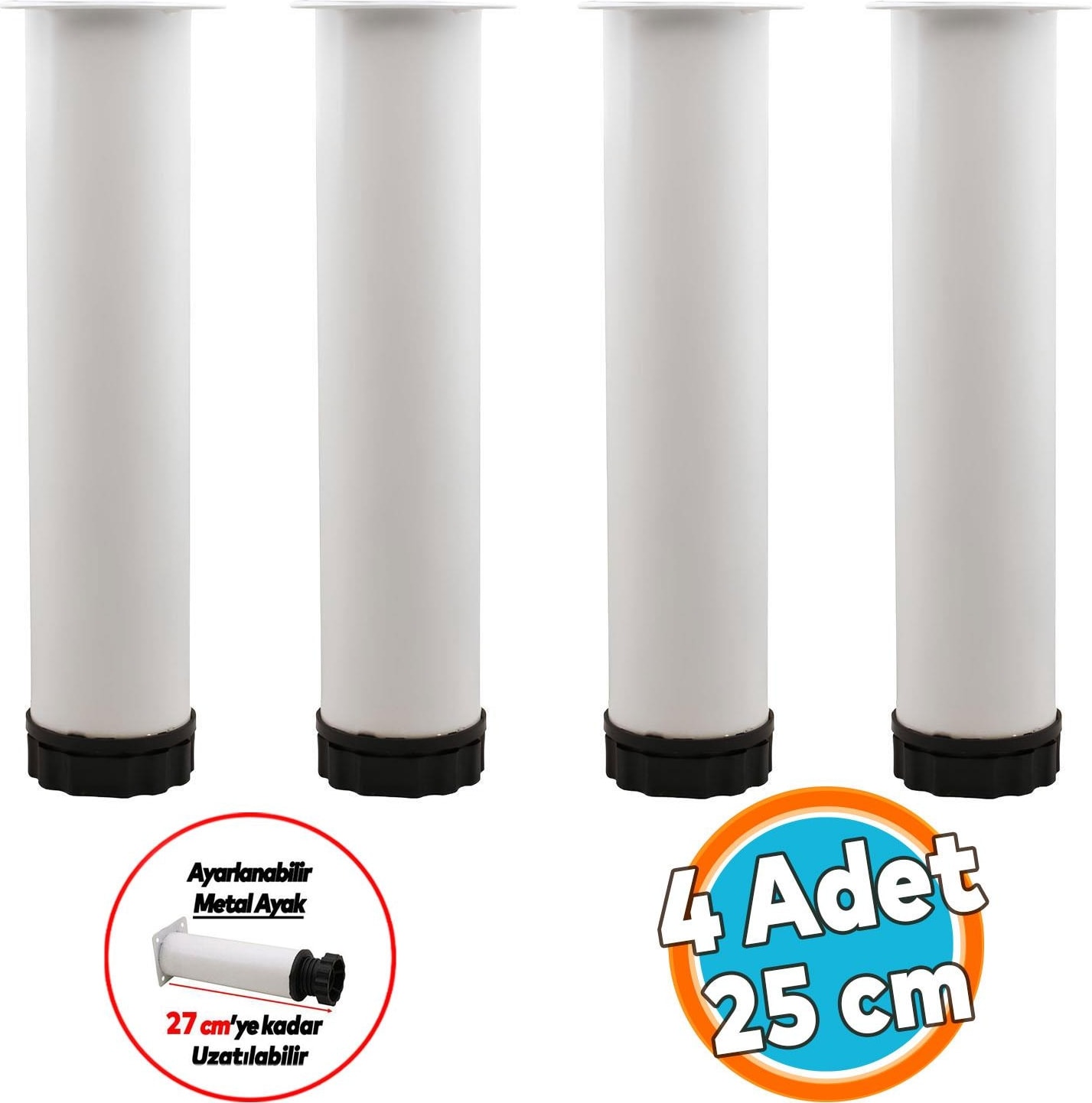 Mobilya Kanepe Baza Koltuk Metal Destek Ayağı Yükseltici Ayarlanabilir Beyaz Ayak 25 cm 4 Adet