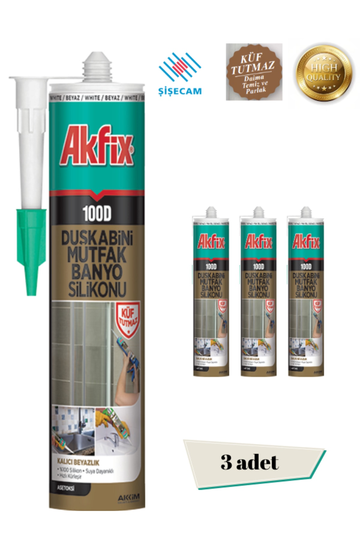 AKFİX 100D DUŞKABİNİ MUTFAK BANYO SİLİKONU ( 3 adet ) kararmaz silikon