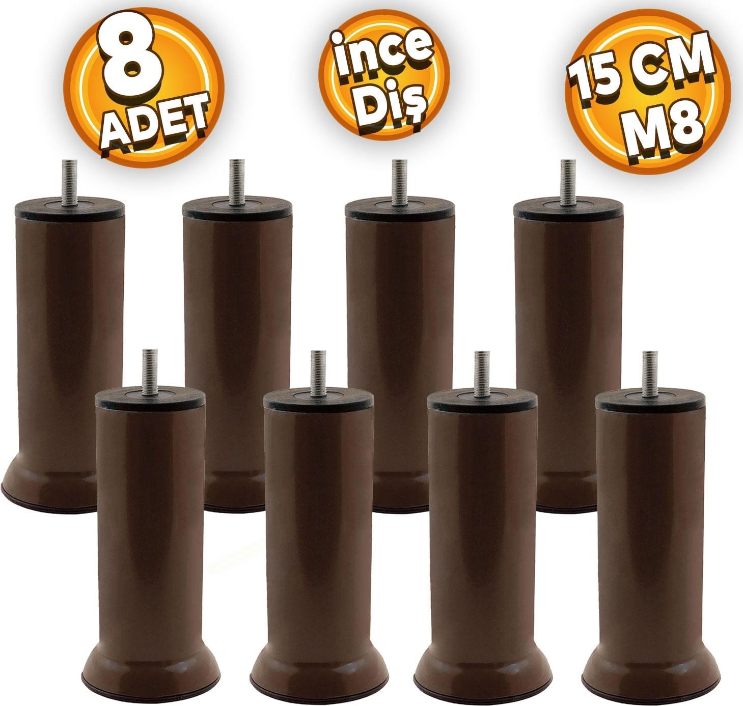 Baza Mobilya Koltuk Kanepe Metal Destek Ayağı M8 Civatalı Kahverengi Ayak 15 cm (8 Adet)