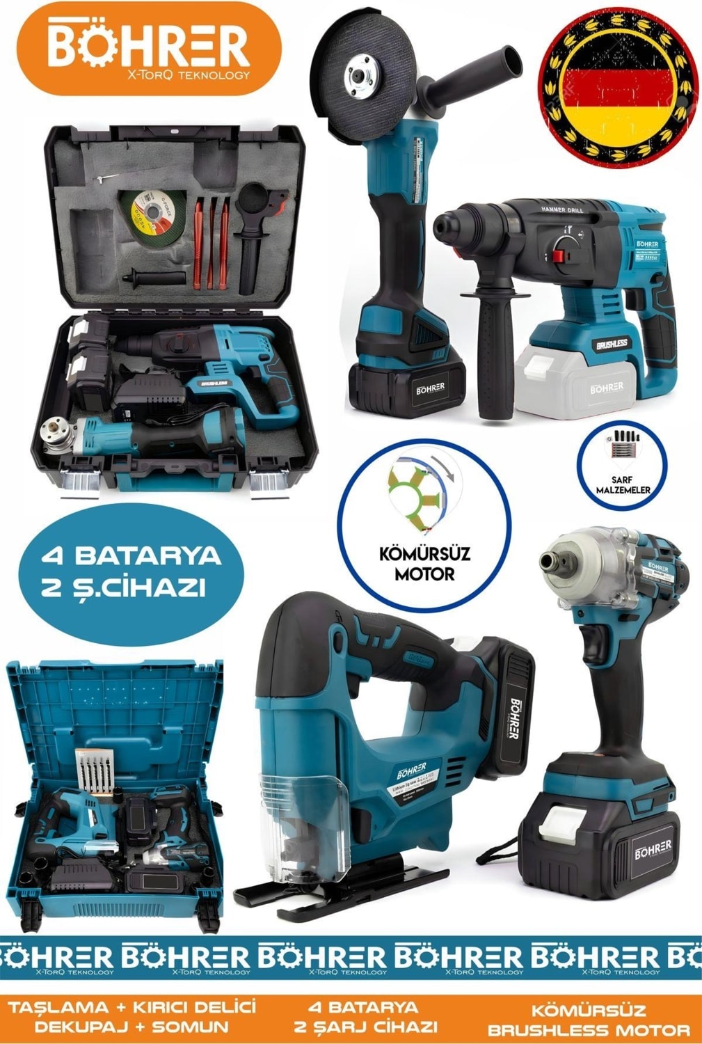 Alman 4 Akülü 2 Şarjlı Kömürsüz V598 5ah Profesyonel 4 Makine Kombo Set ,Blue Tek Çanta