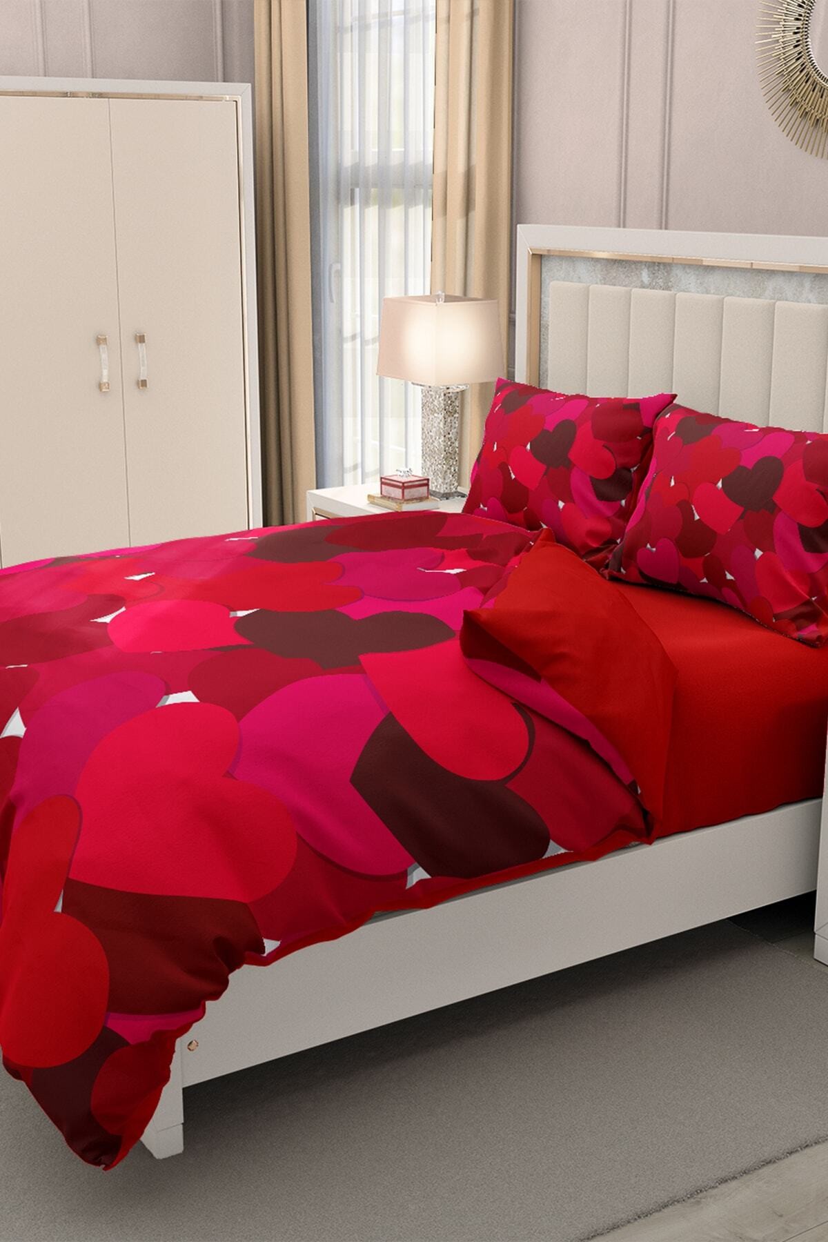 Kıng Sıze Sevgililer Günü Çift Kişilik Nevresim Takımı%100 Pamuk Saten 3d Kırmızı Aşkına 220x240cm