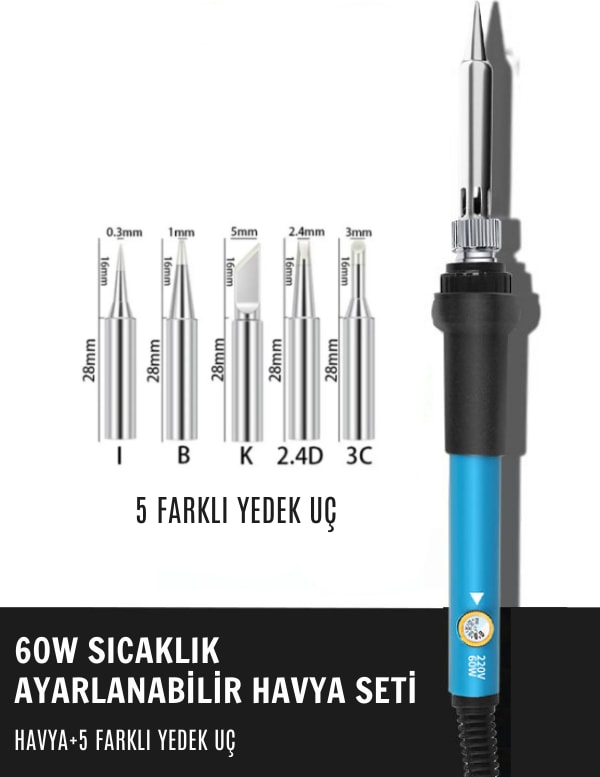 ST-60 60W Isı Ayarlı Sıcaklık Ayarlanabilir Kalem Havya Lehim Makinesi Ve 5 Farklı Yedek Uç