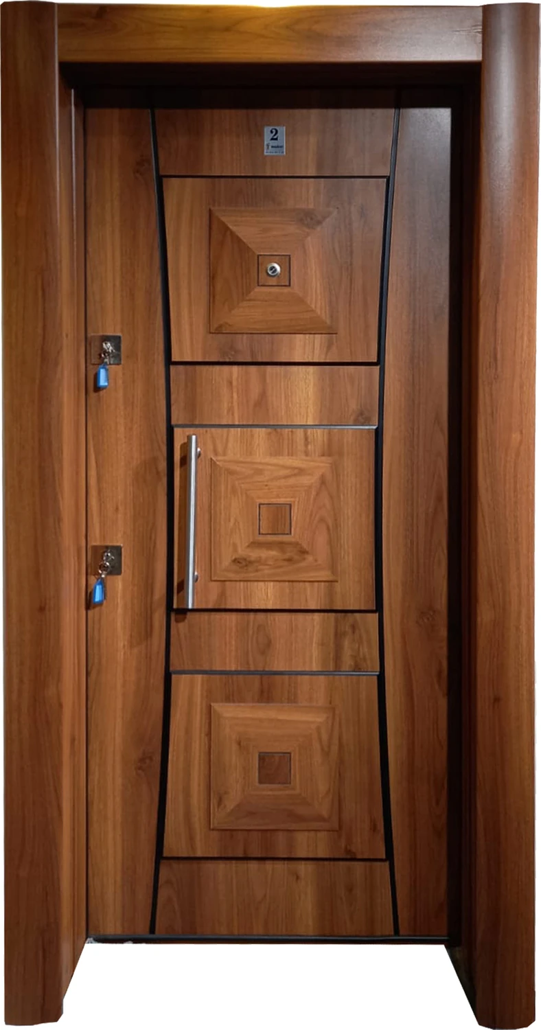 Ahşap Desenli Kaplama ve Kabartmalı Model Çelik Kapı