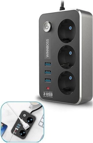 Termal Akım Korumalı USB 2.1A Şarj Çıkışlı 10A 2500W 3'Lü Uzatma Grup Priz