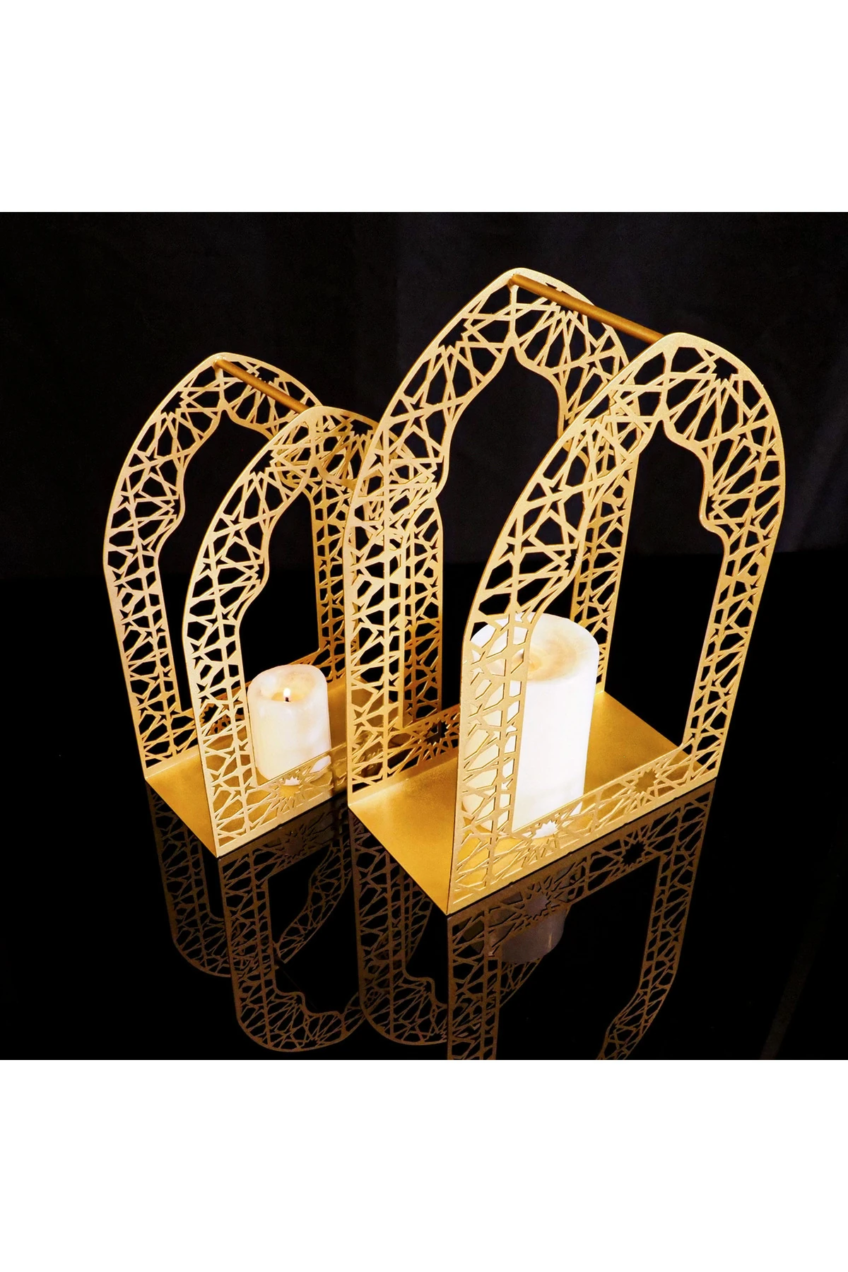 İslami Motifli 2'li Metal Ramazan Mumluk Seti - Ramazan Süsleri - Altın Renk - Wamh168