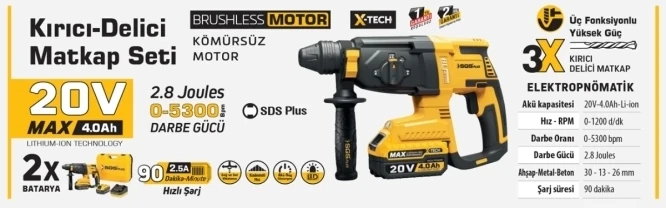 5521 Şarjlı Kırıcı Delici Matkap Seti 20 Volt 4 Ah Kömürsüz Motor