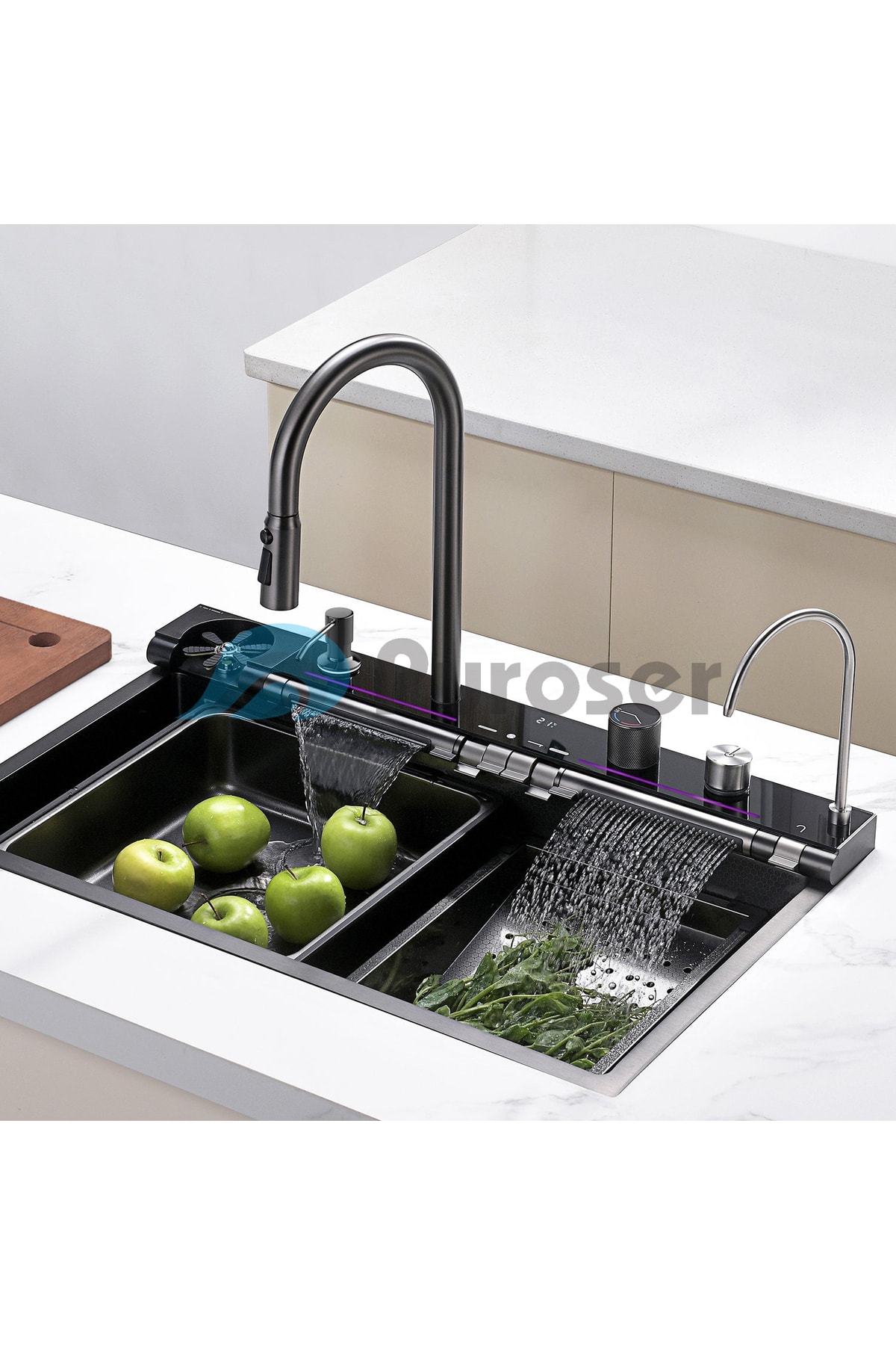 Teknolojik Mutfak Eviyesi Piyano Tuşlu Dijital Göstergeli 304 Krom Gövde Antrasit 75x45