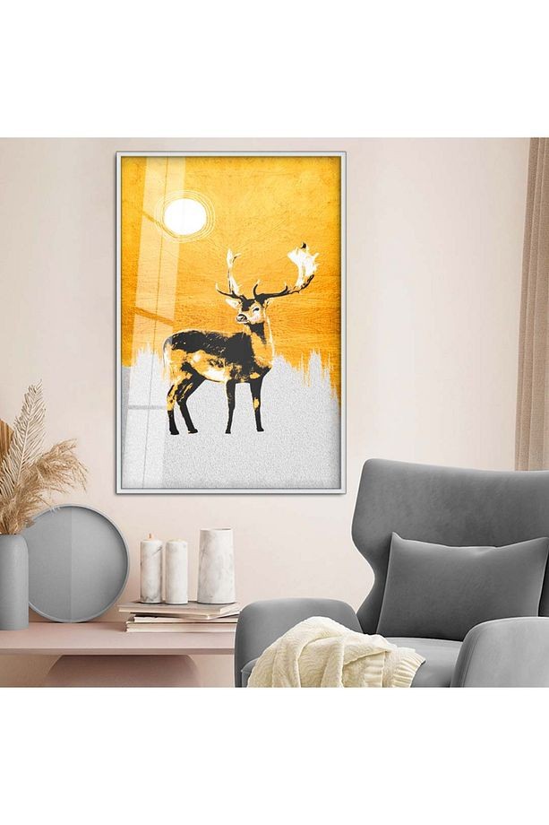 Gümüş Metal Çerçeveli Modern Çizim Geyik Tema Kırılmaz Cam Tablo