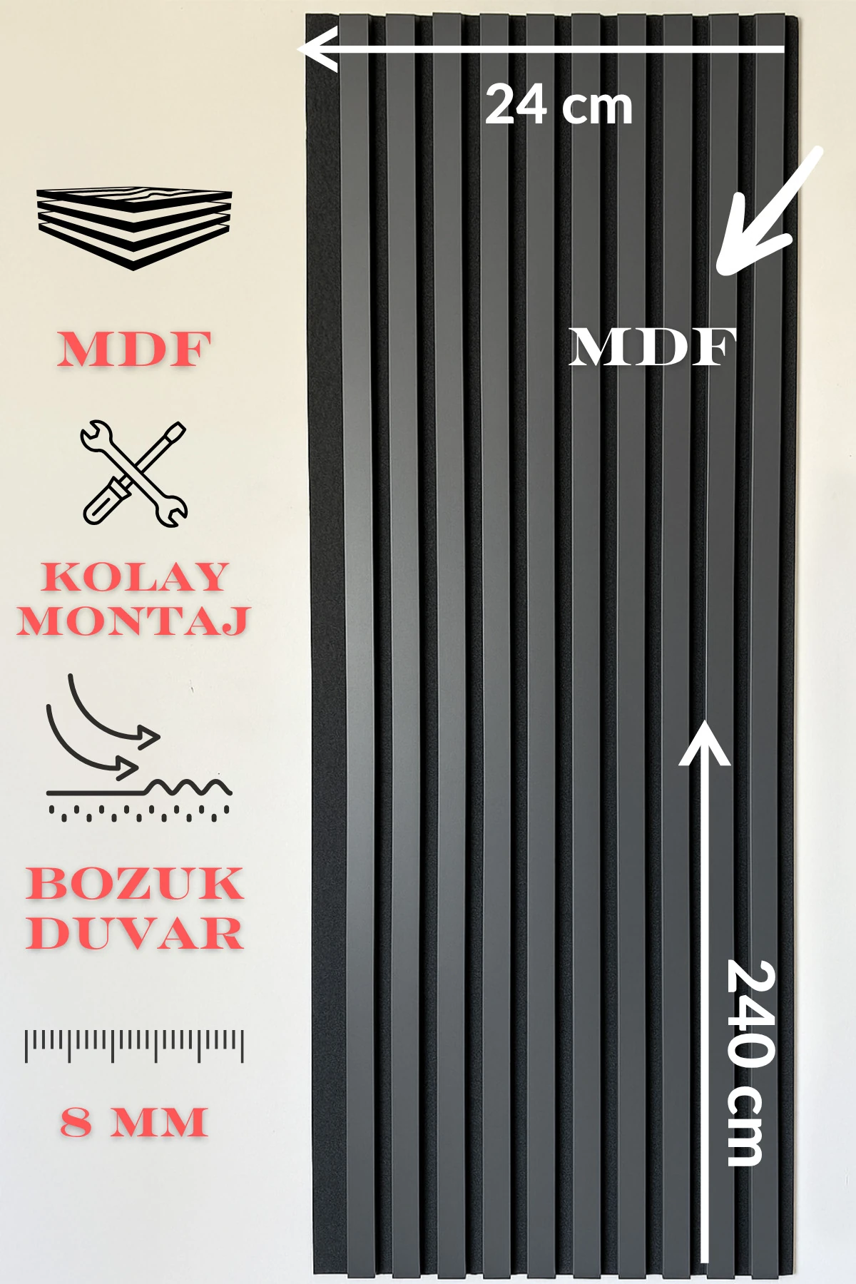 Antrasit Renk MDF Tabanlı Duvar Paneli 24x240 cm – Akustik Çıtalı Panel | 8 mm Kalınlık