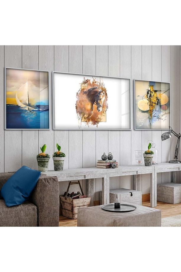 Gümüş Metal Çerçeveli Modern Çizim At Üçlü Kırılmaz Cam Tablo Seti