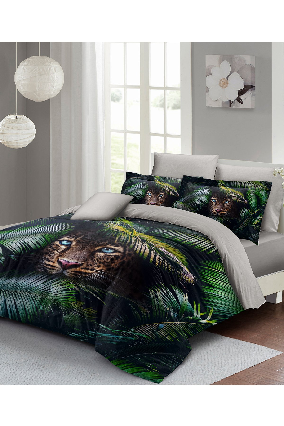 Kıng Sıze %100 Pamuk Saten Çift Kişilik Nevresim Takımı Jungle Leopard 220x240cm