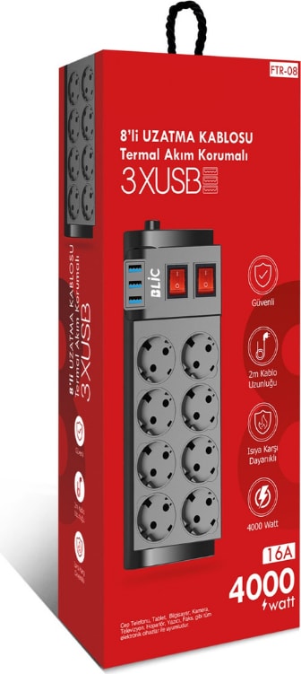 8'li Termal Akım Korumalı Priz 3 USB Li - Çocuk Korumalı USB Girişli